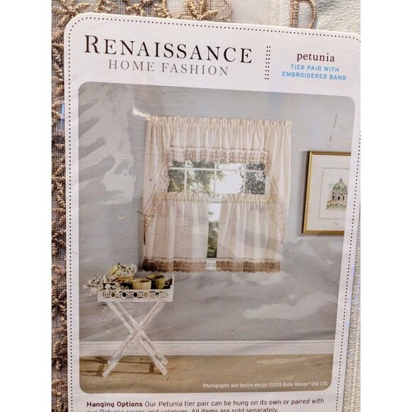 Renaissance Petunia Kitchen Curtain Tier Pair Embroidered Band Beige 56in x 24in - Picture 2 of 7